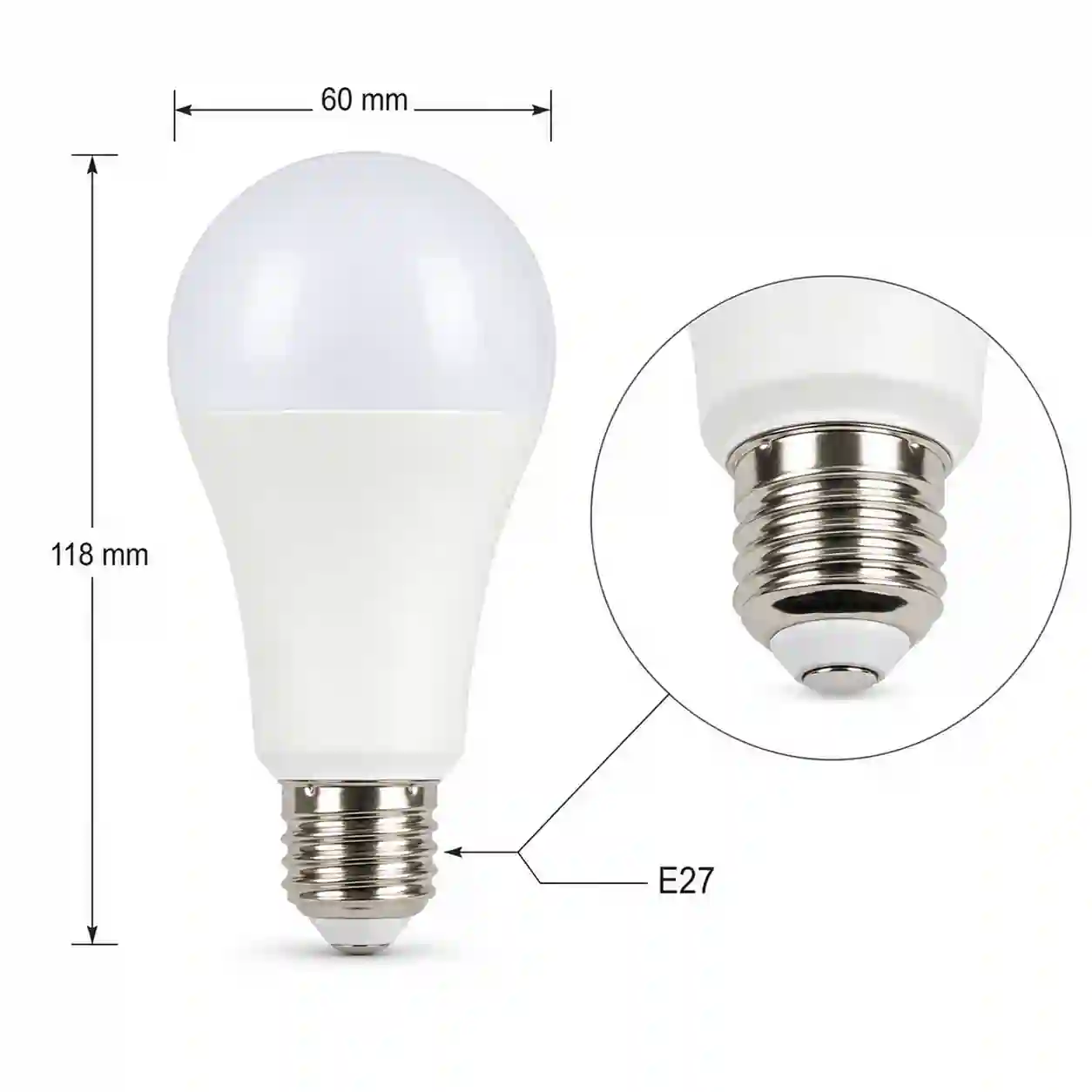 LED žárovka E27 zezadu s paticí a rozměrovým srovnáním